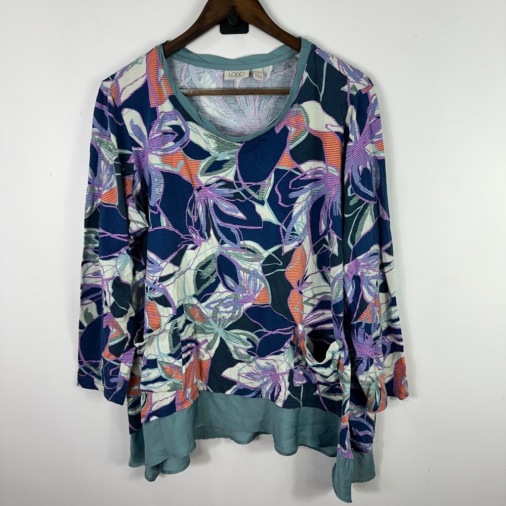 LOGO Lori Goldstein Tunic Top XL Multicolor Floral Print Boho‎ Layered Hem Artsy